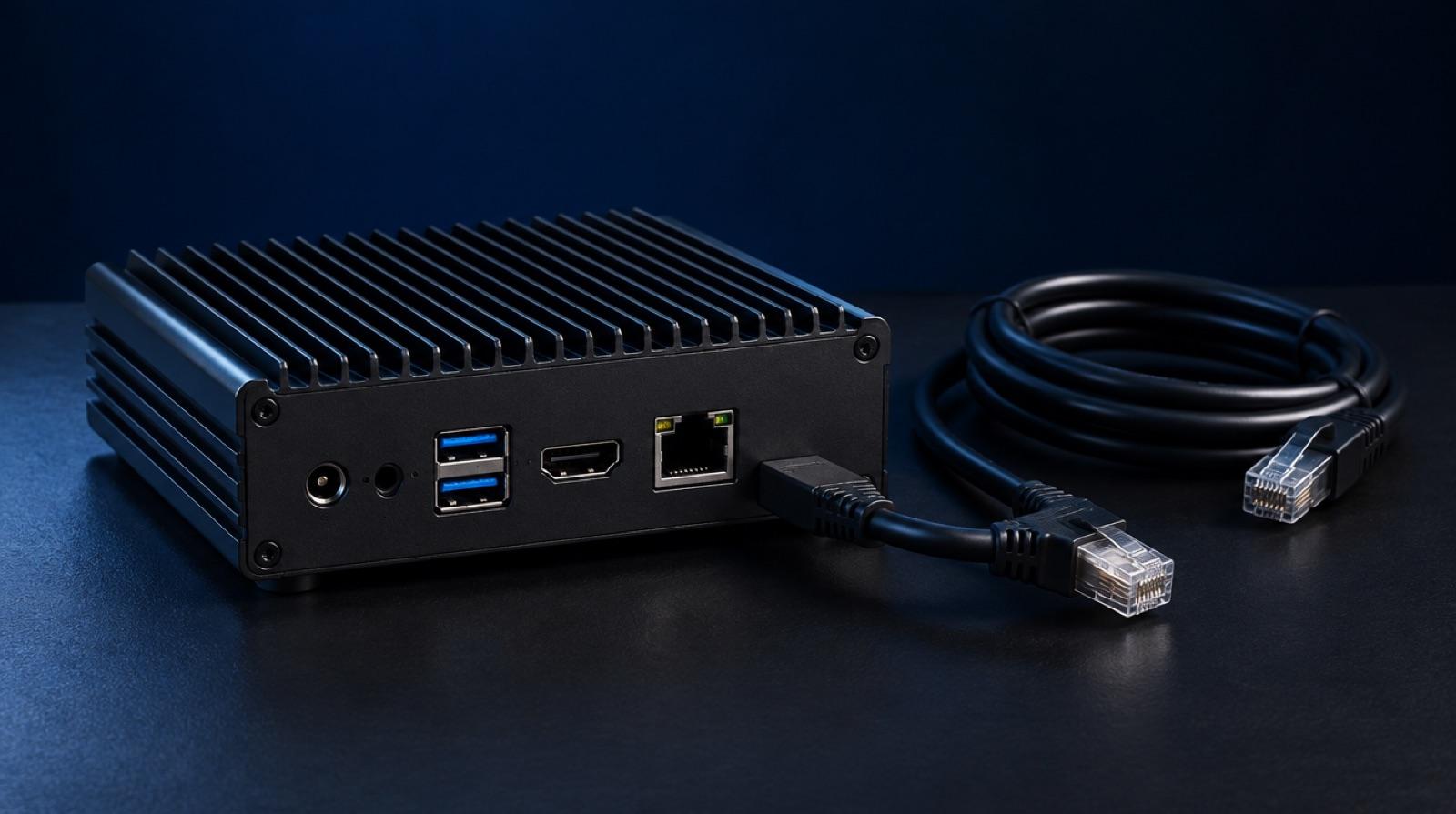 A small fanless edge computer with a finned aluminium case, two USB ports, HDMI and a network cable.