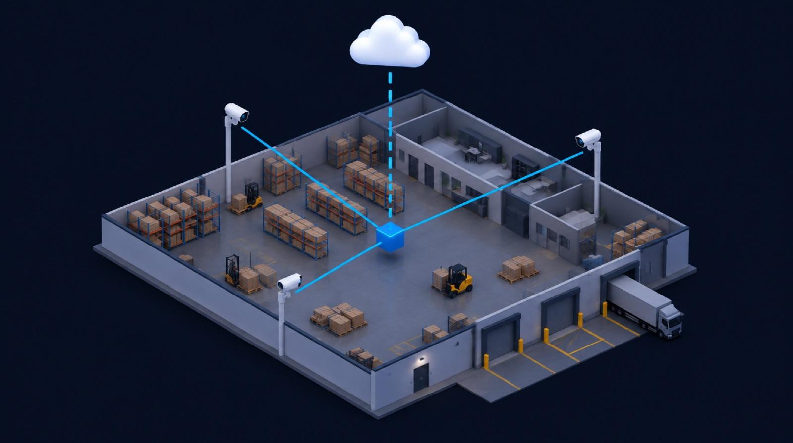 A warehouse floor seen from above: three cameras feed one small box on site, which sends events up to the cloud.