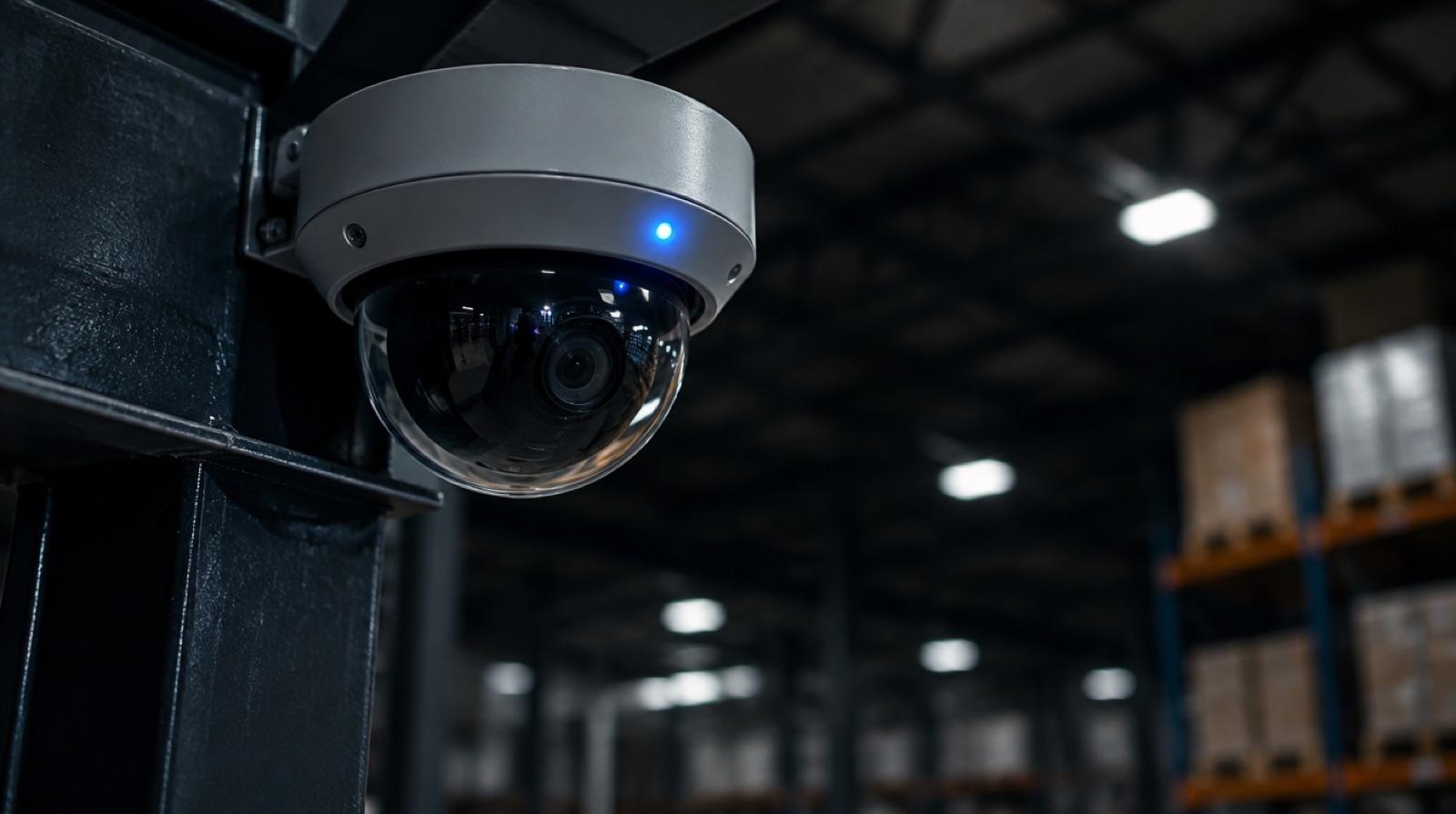 A dome camera mounted under a ceiling, seen close up.
